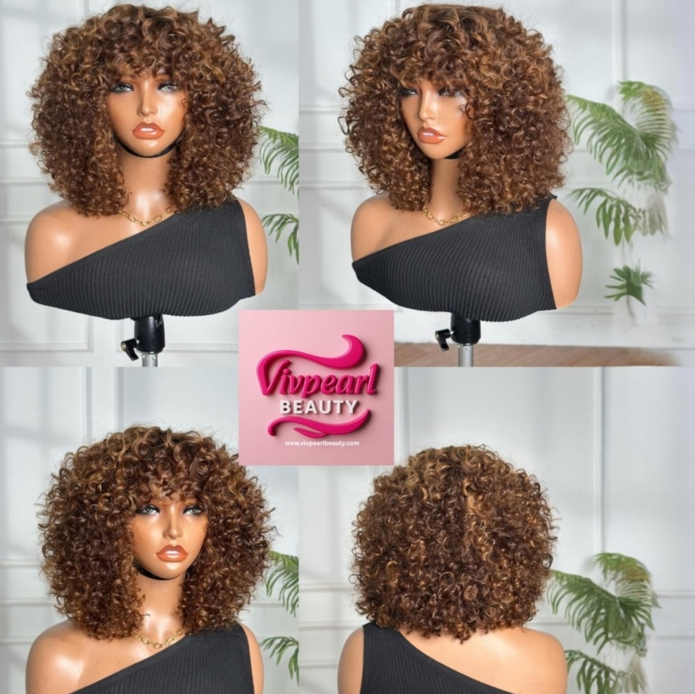 Brown Curly Wig with Voluminous Curls and Caramel Highlights 10"